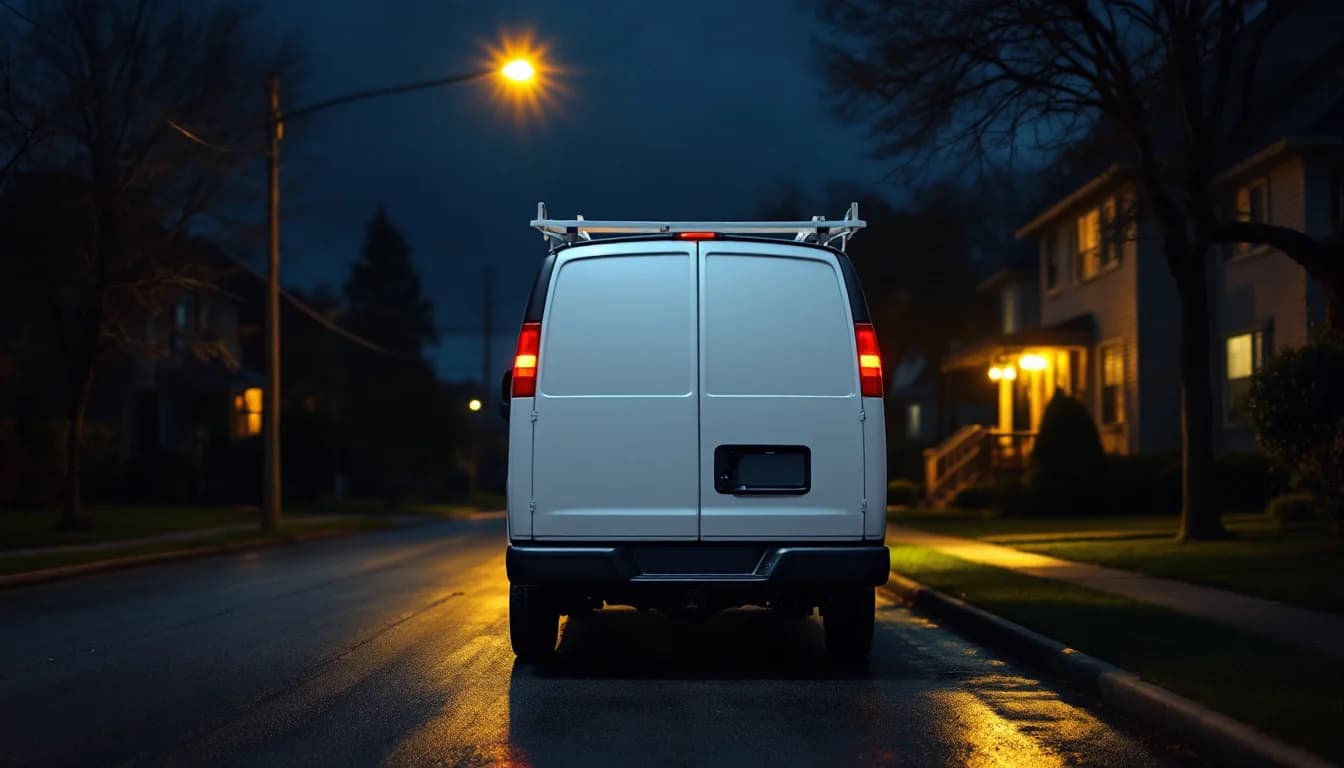 A plain white work van parked under a streetlight on an empty residential street at night, seen from behind
