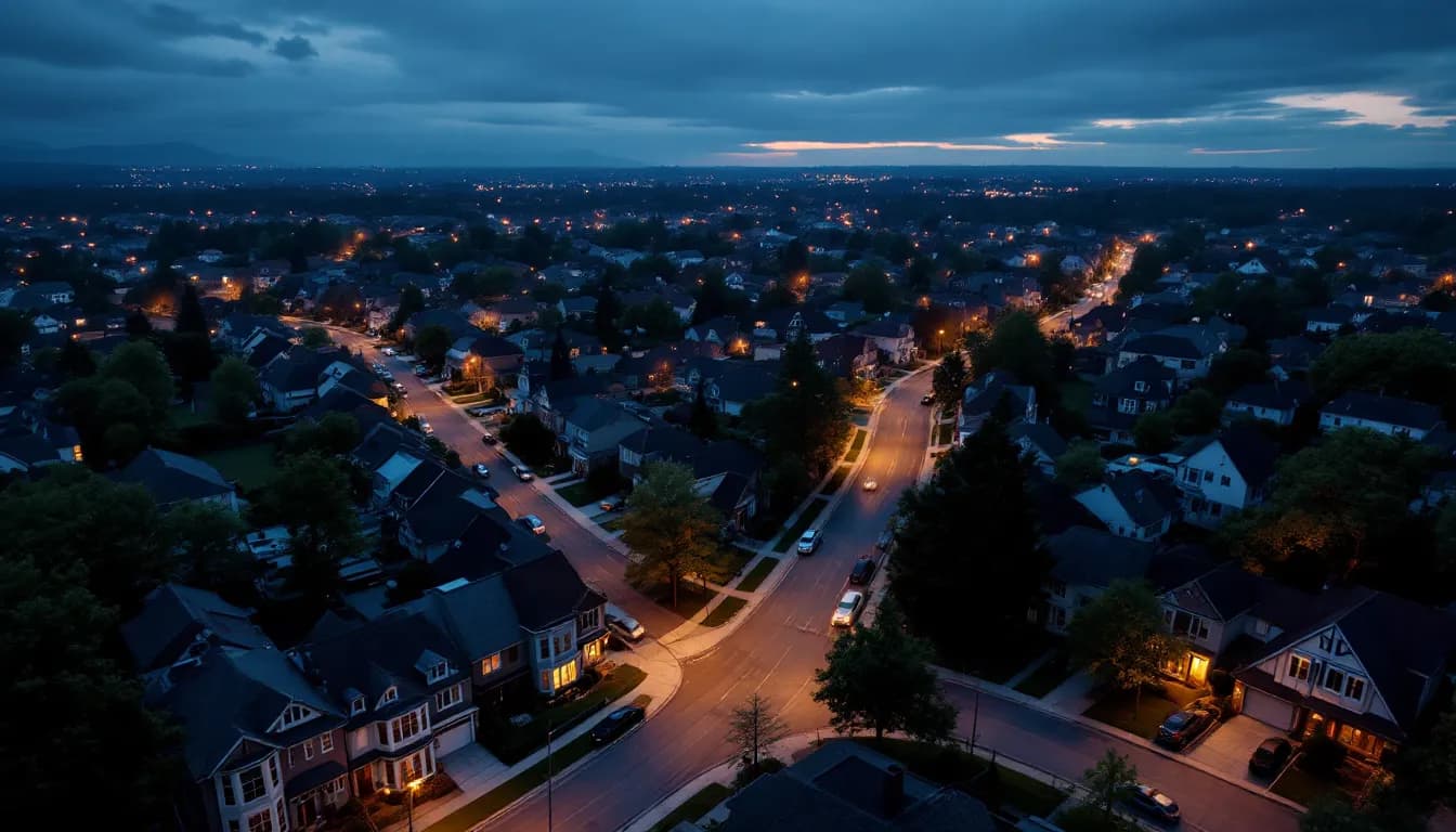 A suburban neighborhood seen from above at dusk, with streetlights coming on along curving streets