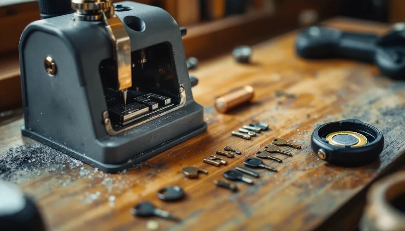 A locksmith’s workbench with a key cutting machine, a row of key blanks and an open key fob with its coin battery