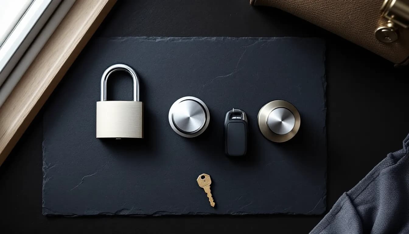 A padlock, two round door-lock pieces, a car key fob and a brass key laid out on a slate board