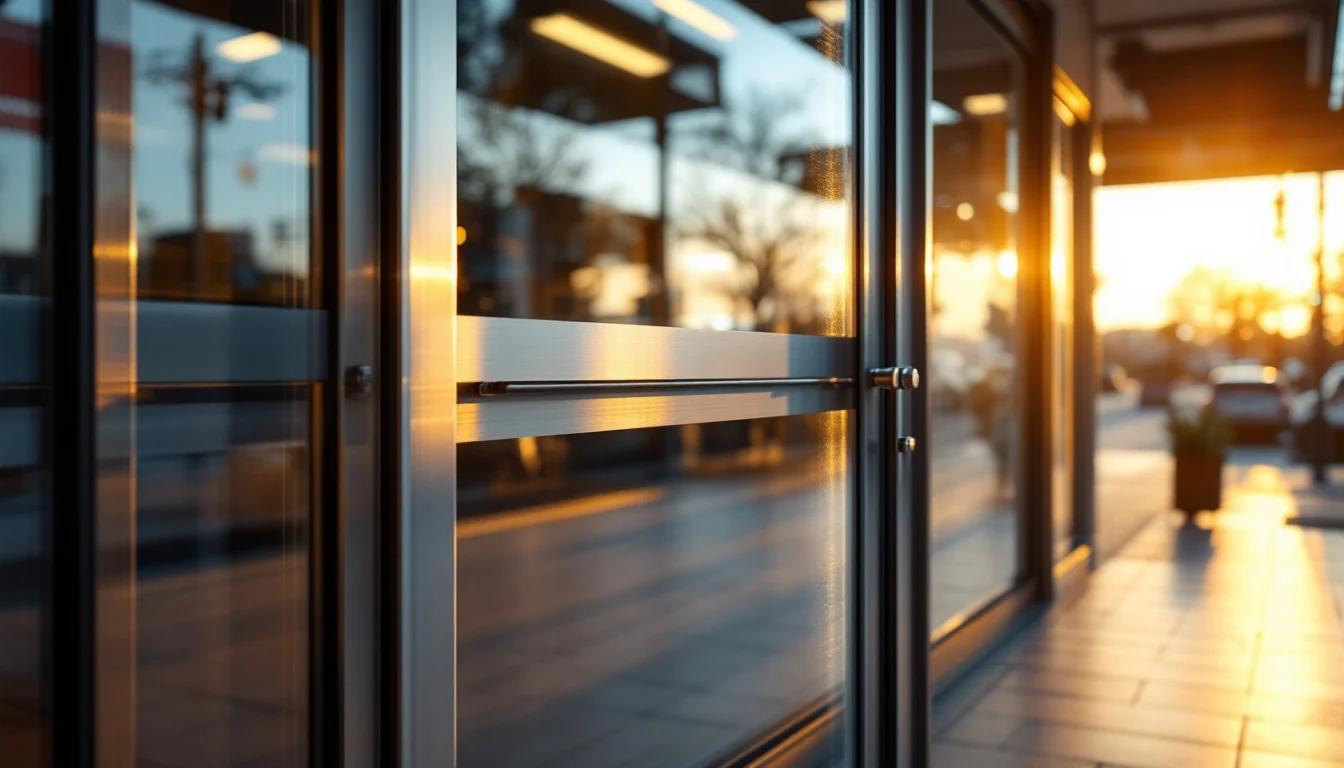 The inside of a glass storefront door with a metal push bar in early morning light
