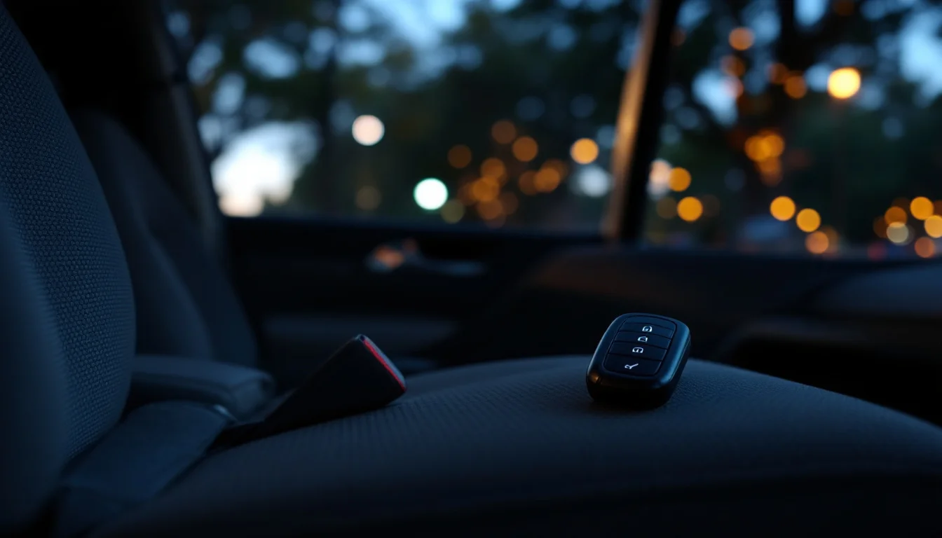 A car key fob left on the seat of a parked car at dusk
