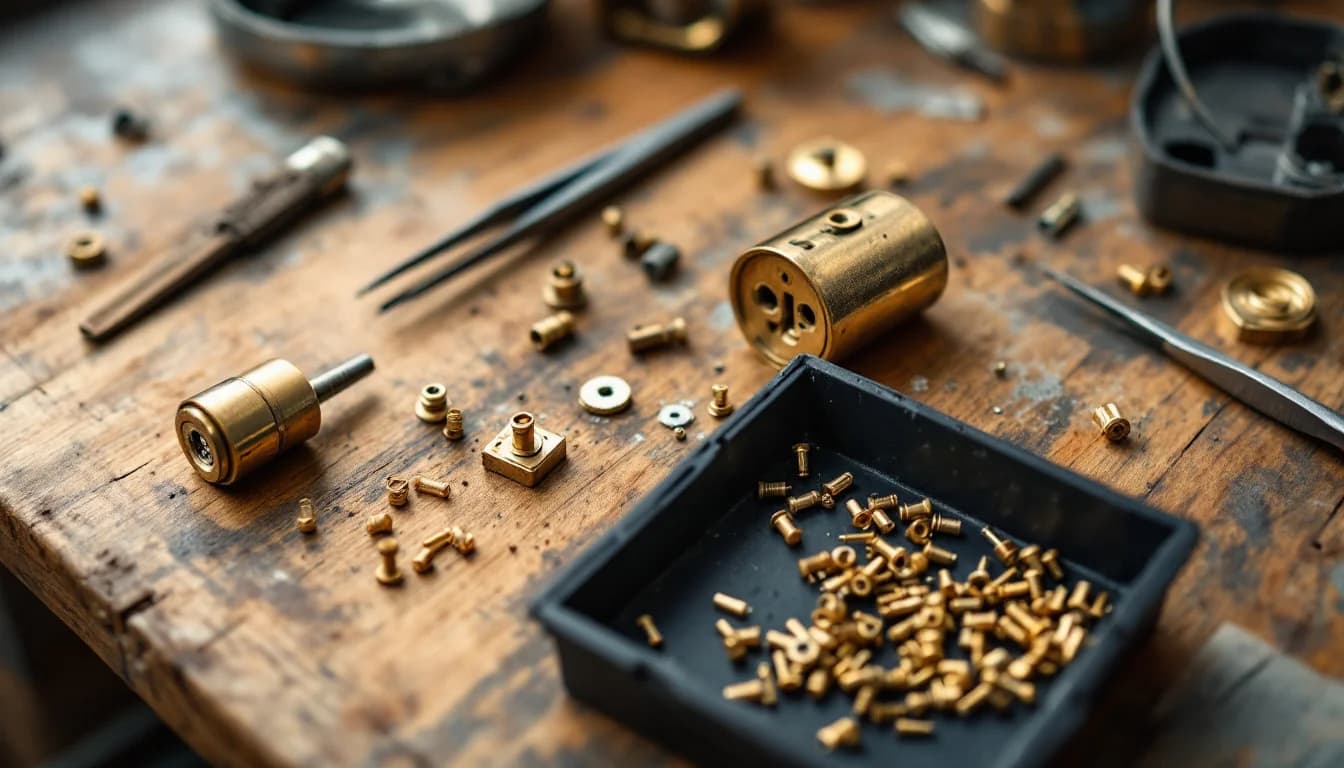 A disassembled door lock cylinder with small brass pins and a pinning tray on a wooden table