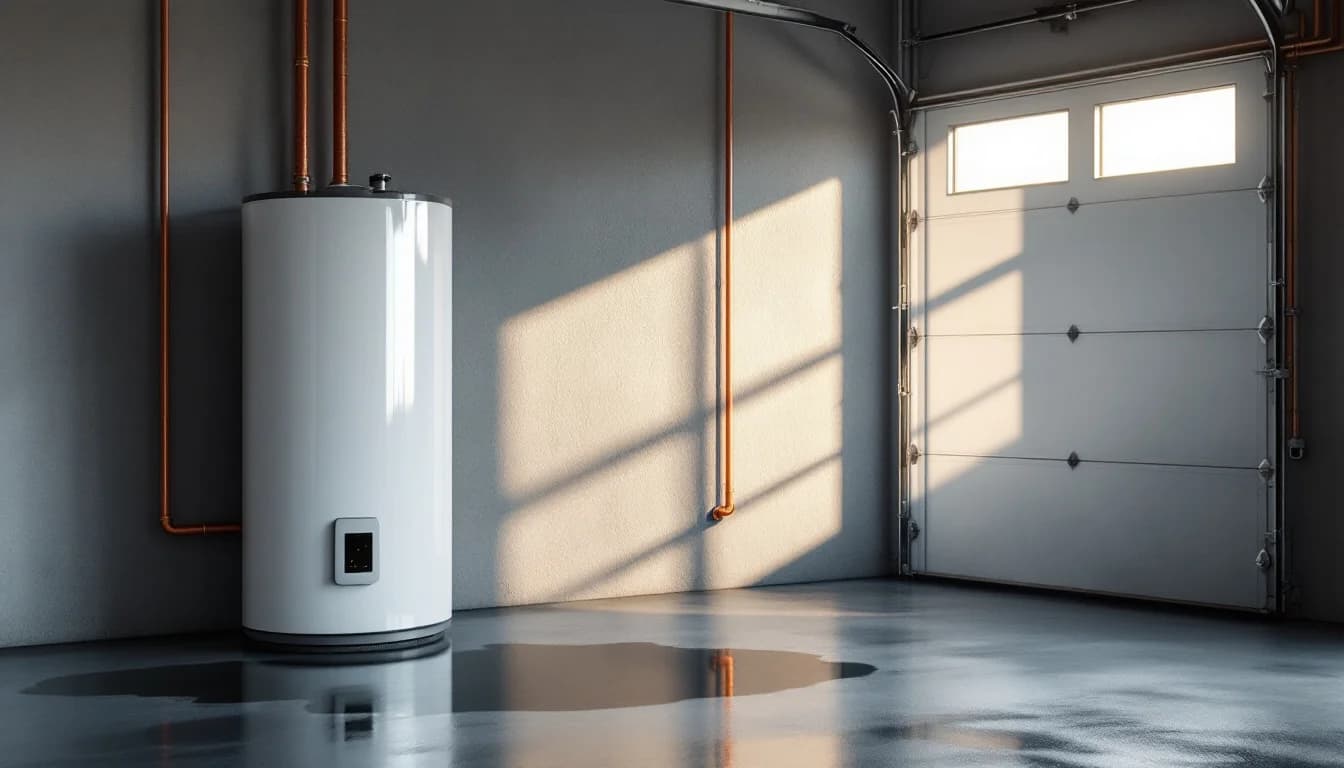 A water heater in a garage with a small puddle spreading across the concrete floor in early morning light